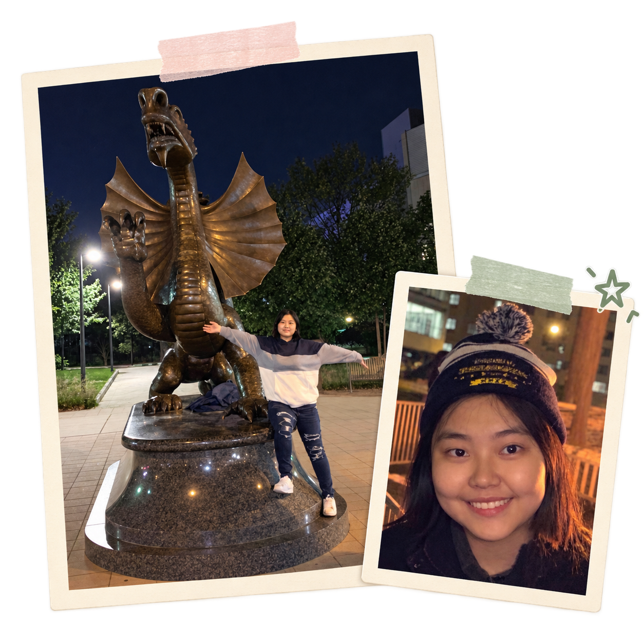 A scrapbook collage of Zijun beside the Drexel dragon and smiling in a winter hat