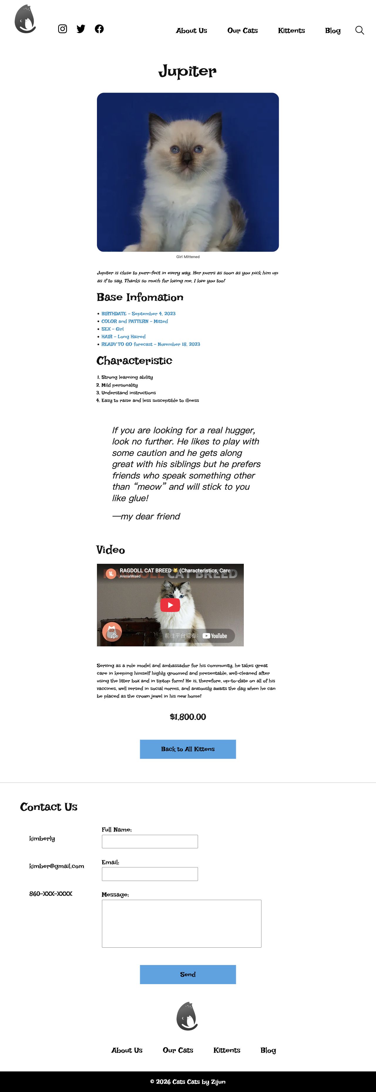 DreamPurr individual cat profile in a perspective page presentation