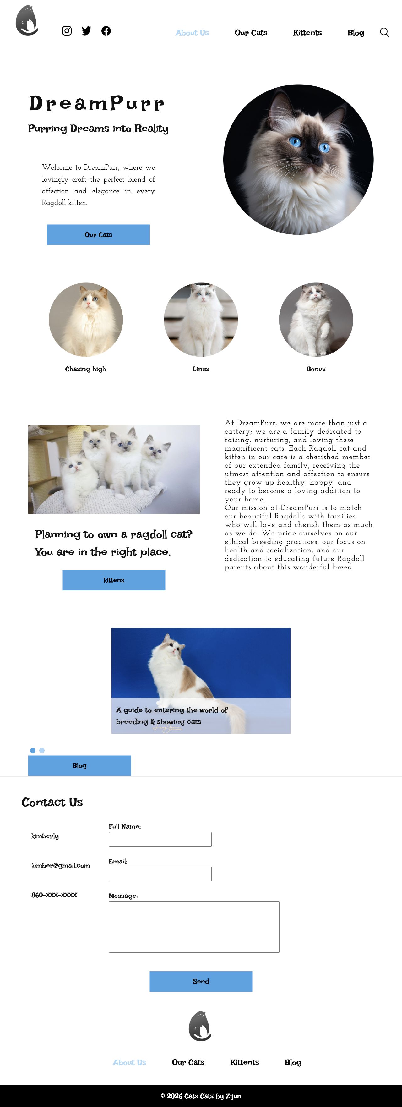 DreamPurr homepage with hero and cat profiles in a perspective page presentation