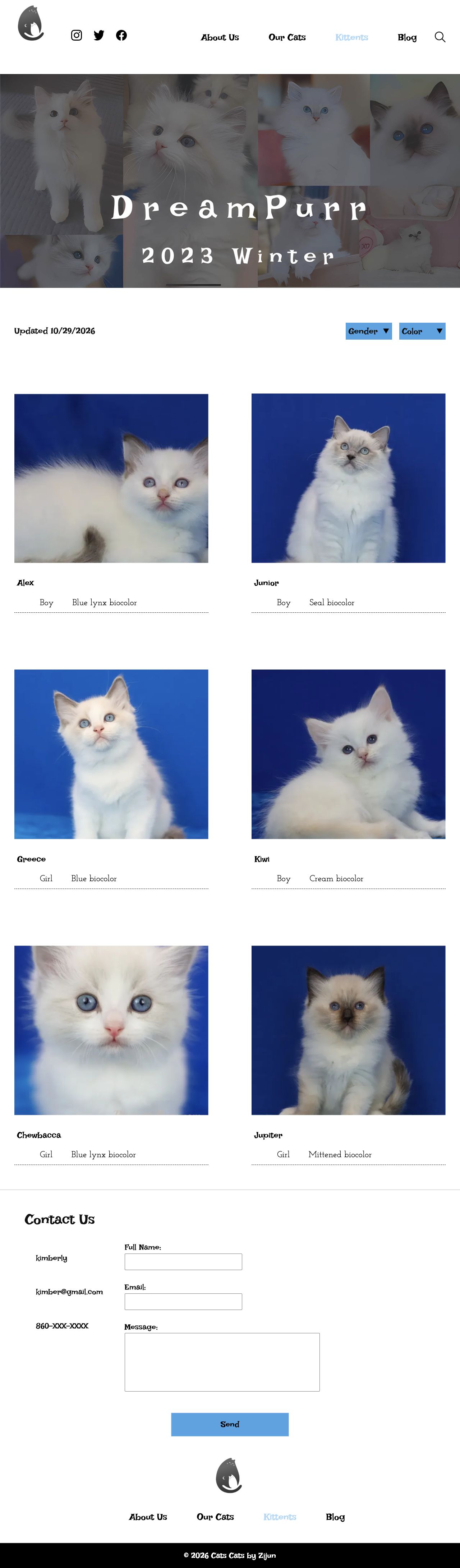 DreamPurr cat directory in a perspective page presentation