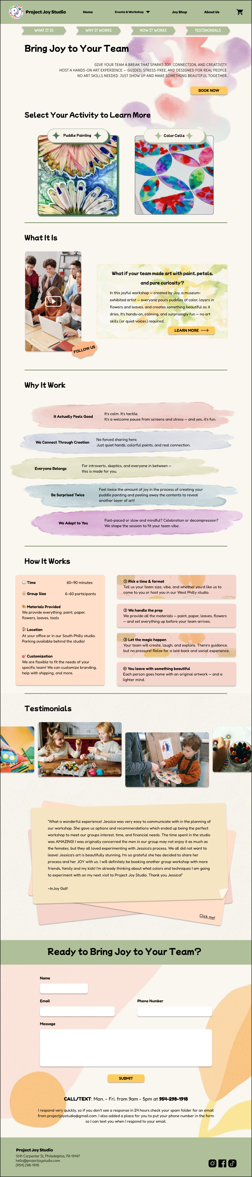 Project Joy Studio Team workshops page design