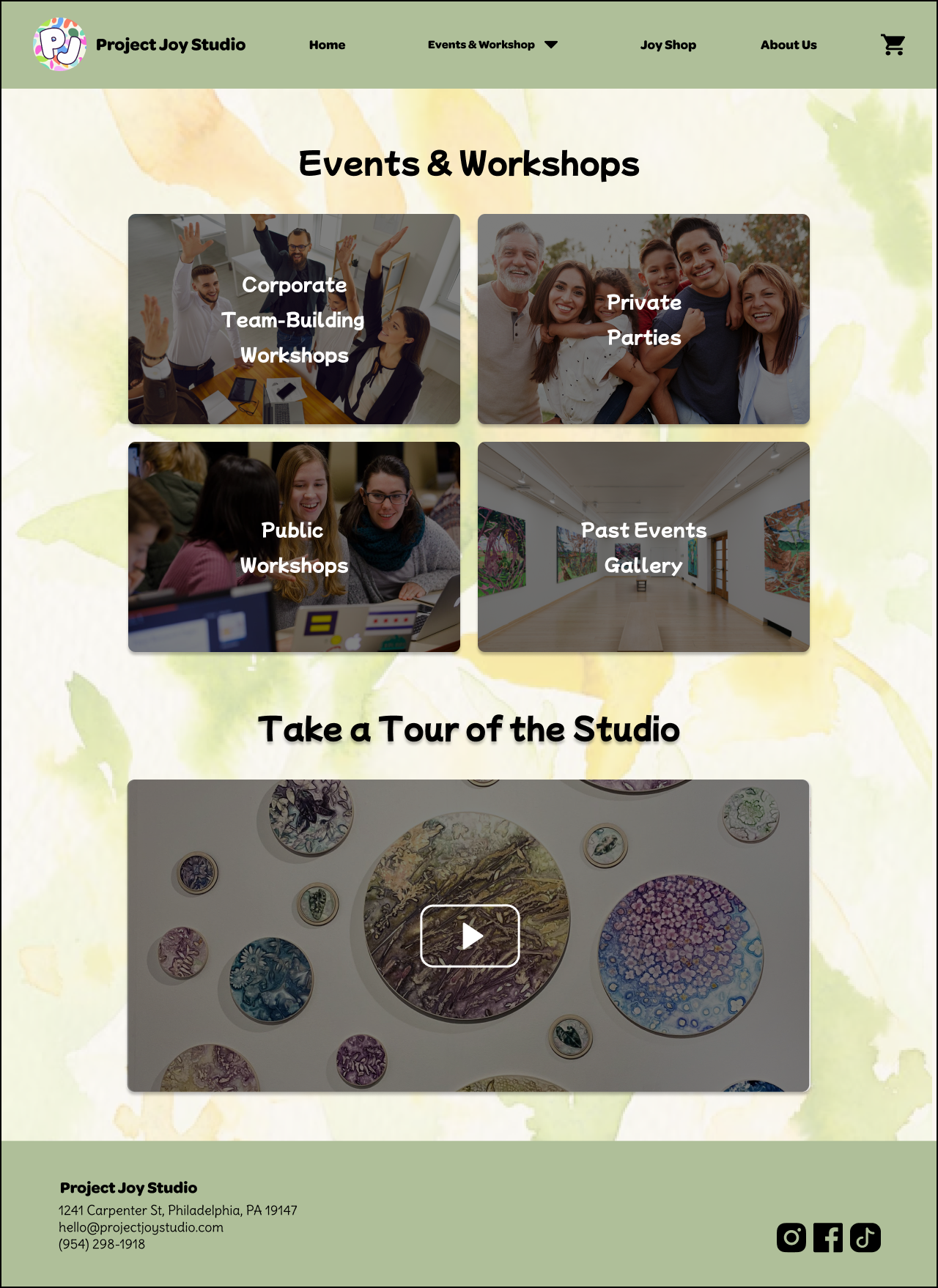 Project Joy Studio Events & Workshops page design