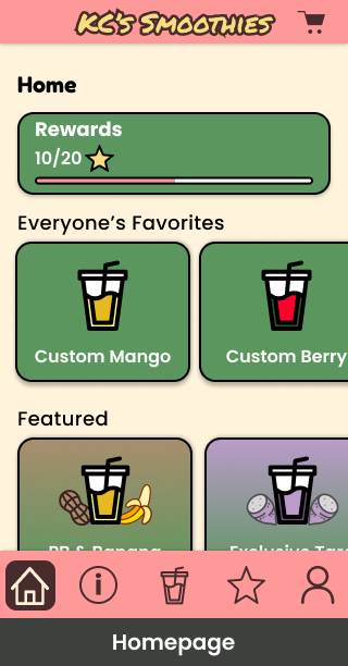 KC’s Smoothies menu screen