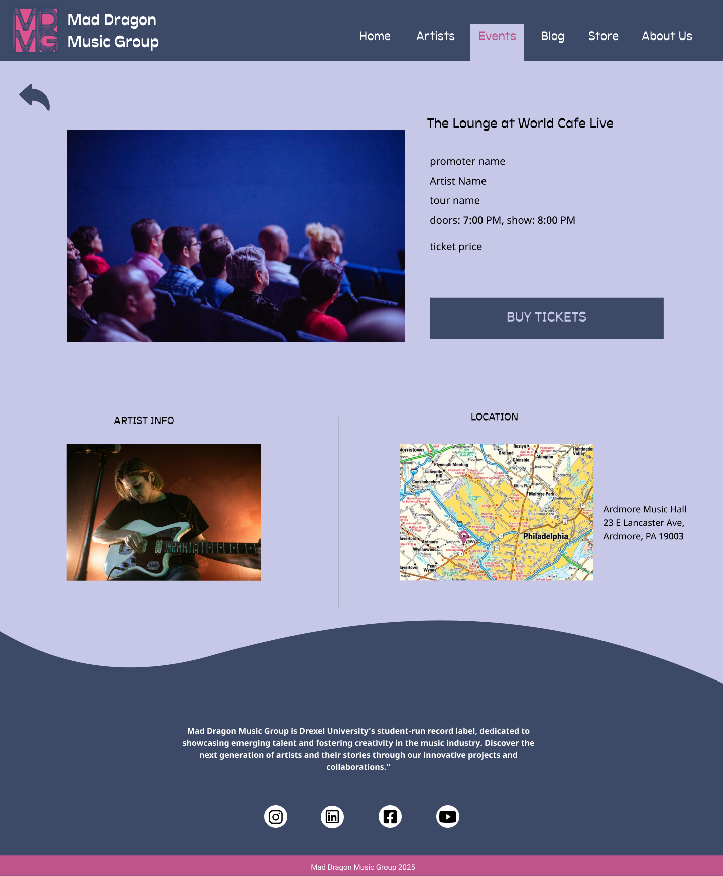 Desktop event detail design with show information and ticket action