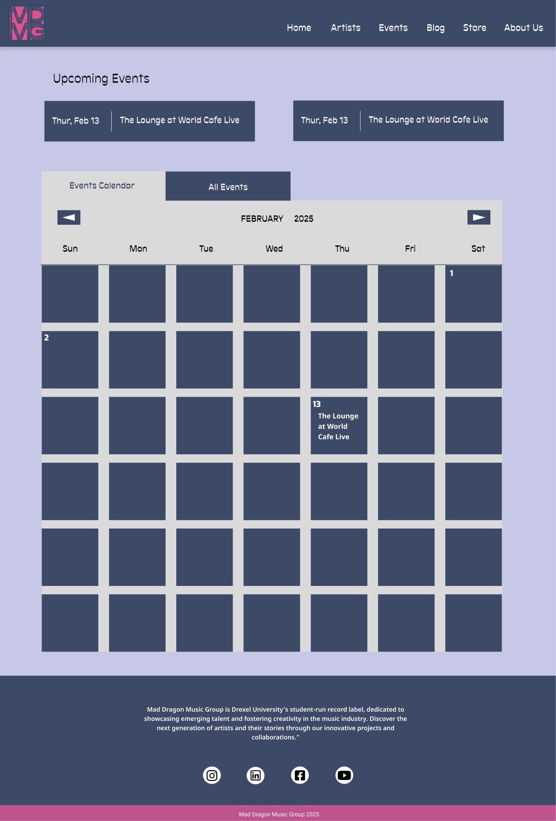 Mid-fidelity calendar layout with large date cells and limited event details